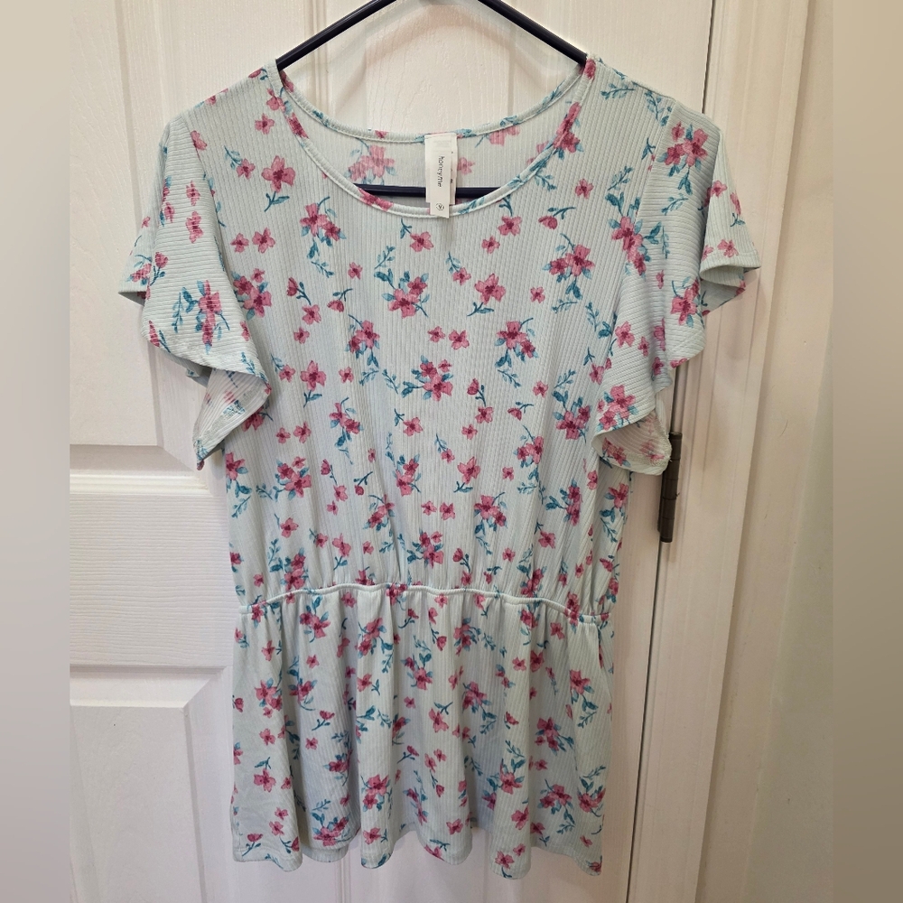 Honeyme Floral Womens Top - Light Blue and Pink